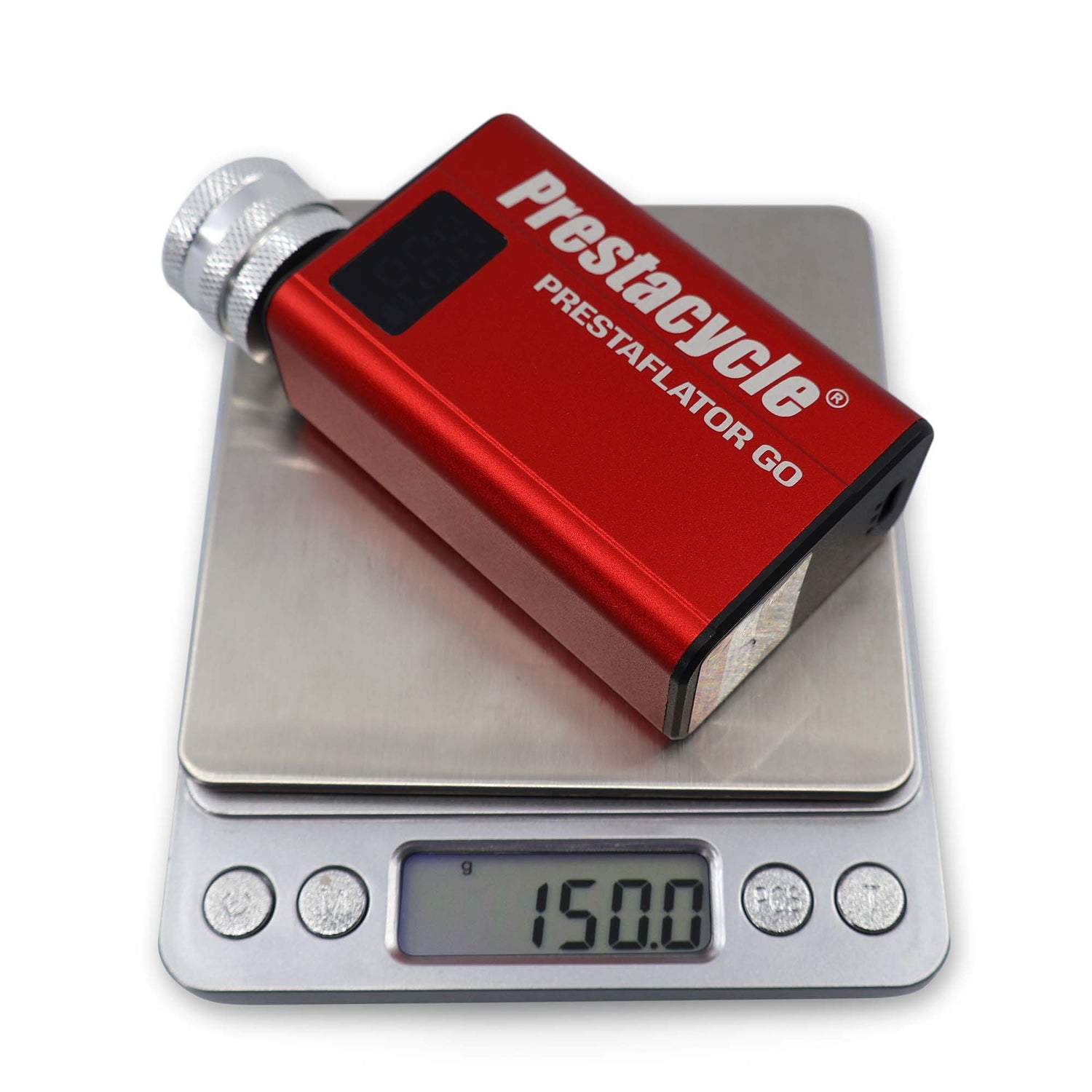 A red Prestacycle Prestaflator GO - Portable Digital Rechargeable Preset Bicycle Tire Inflator is shown on a digital scale with a displayed weight of 150.0 grams.