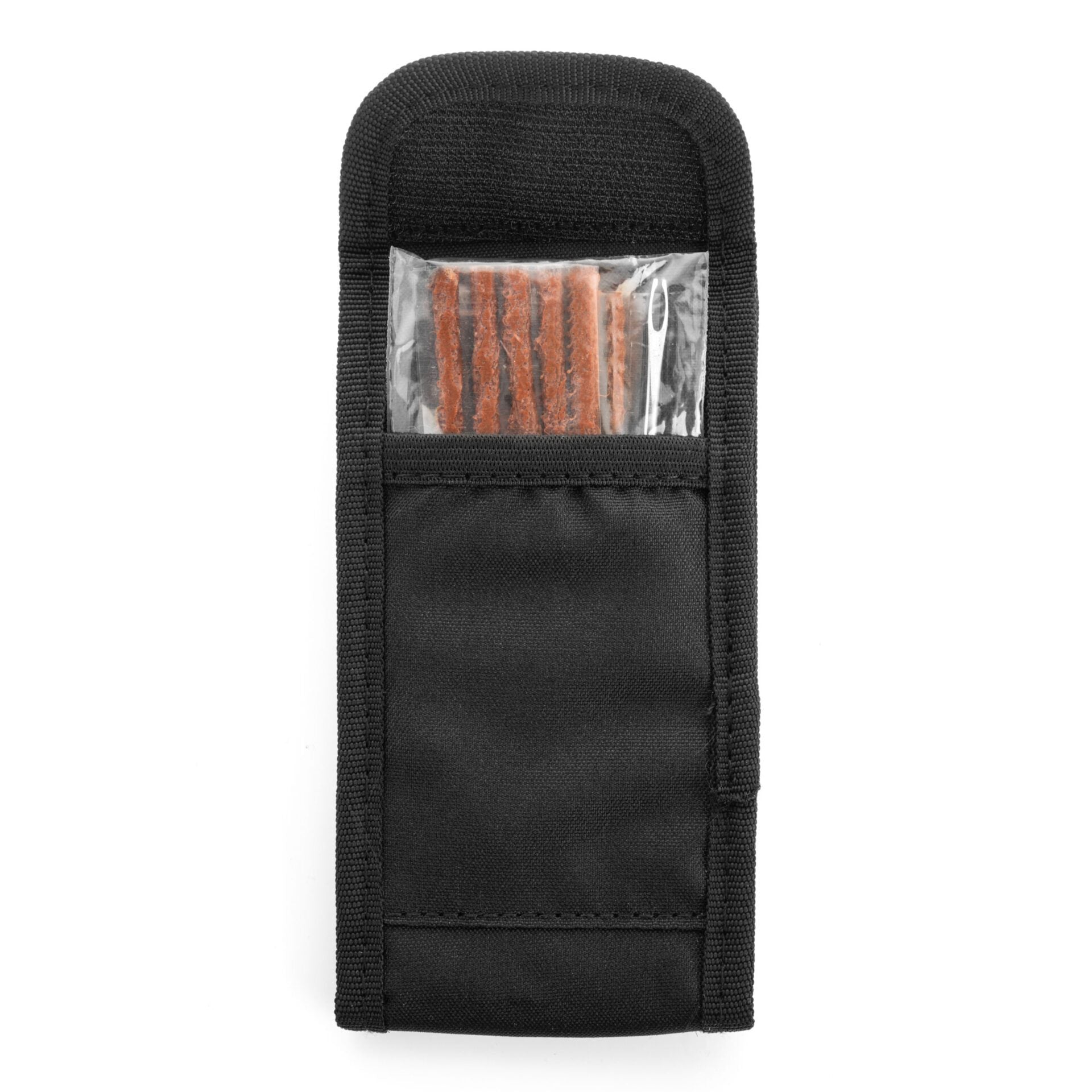 The Prestacycle CO2 Tire Plugger Kit by Prestacycle includes a black fabric pouch with a transparent top pocket, brown bacon strip tire plugs, and a metal tool for quick roadside repairs.