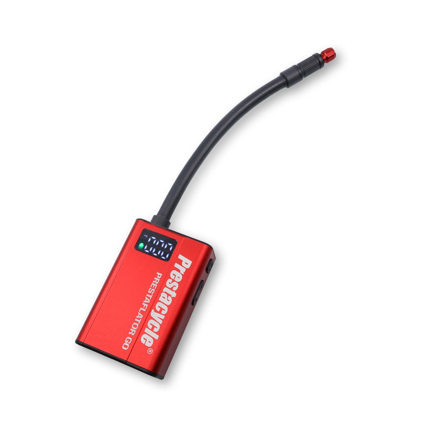 A red, rectangular Prestacycle Prestaflator GO device with a digital display is attached to a flexible black Prestaflator GO Hose ending in a red nozzle for Schrader valves, isolated on white.