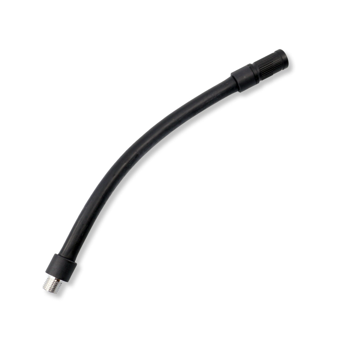 The Prestacycle Prestaflator GO Hose is a flexible black rubber hose with a Schrader valve metal threaded connector on one end and a plastic cap on the other, displayed against a white background.
