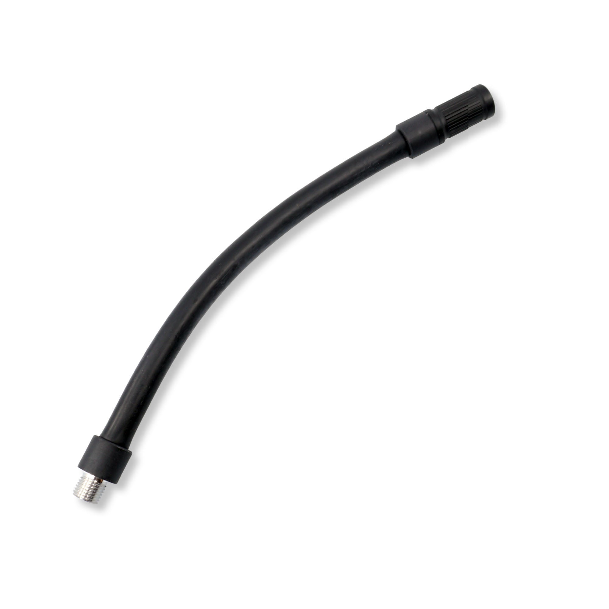 The Prestacycle Prestaflator GO Hose is a flexible black rubber hose with a Schrader valve metal threaded connector on one end and a plastic cap on the other, displayed against a white background.