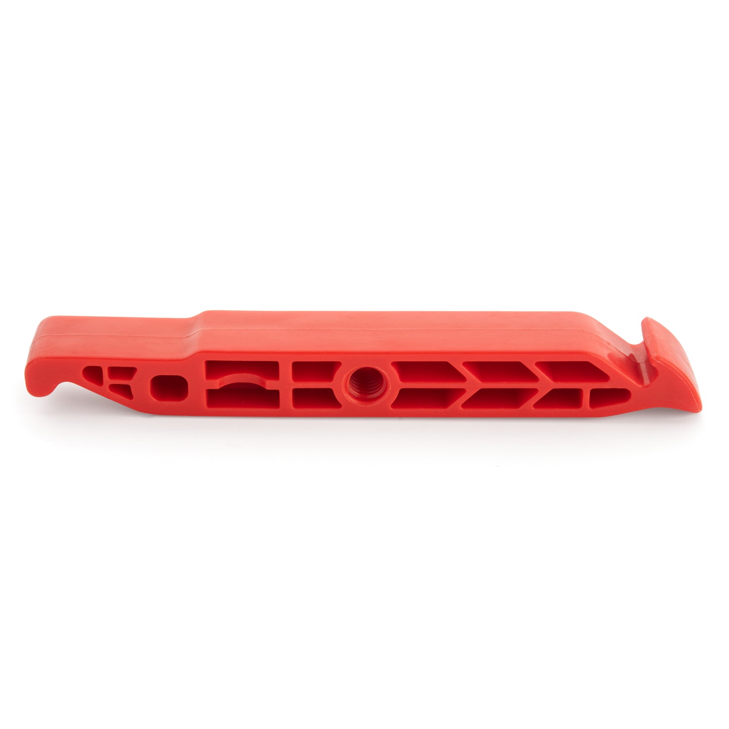 The Prestacycle Prestalever GO Multi-tool Tire Lever features a red plastic build, a flat curved prying end, and an open geometric design for strength. Shown against a white background.