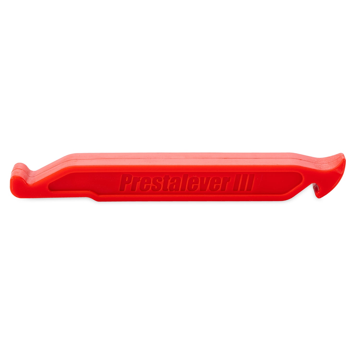 The Prestacycle Prestalever GO is a red plastic multi-tool tire lever with Prestalever III embossed, designed for removing bicycle tires and functions as a Presta valve core tool.