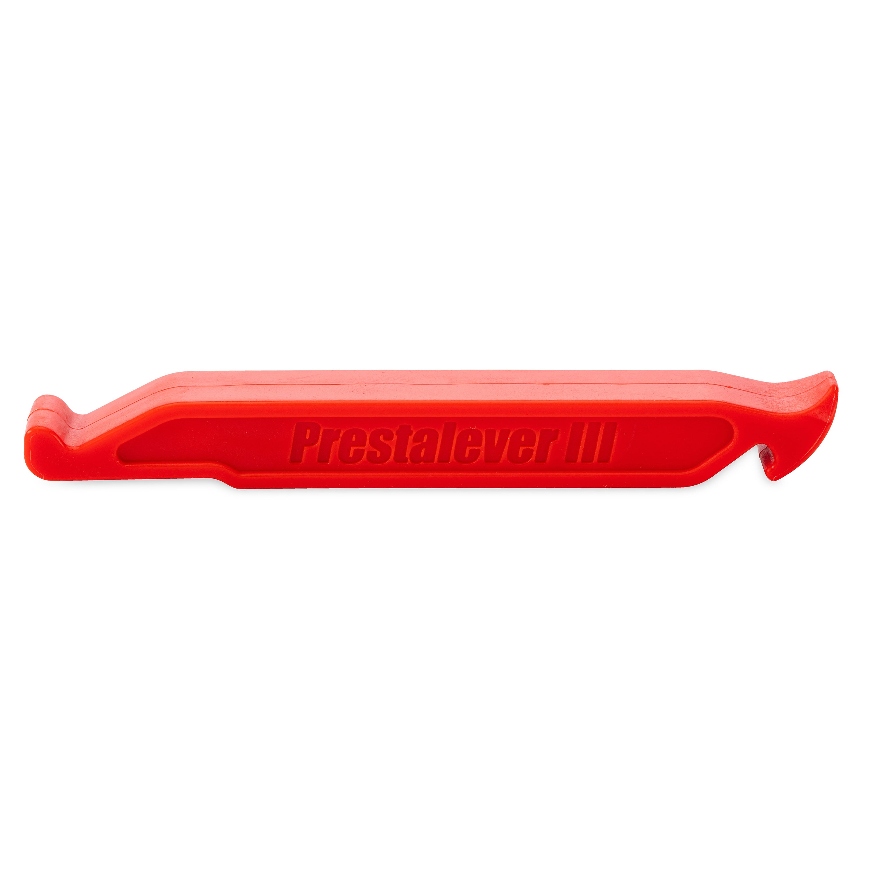 The Prestacycle Prestalever GO is a red plastic multi-tool tire lever with Prestalever III embossed, designed for removing bicycle tires and functions as a Presta valve core tool.