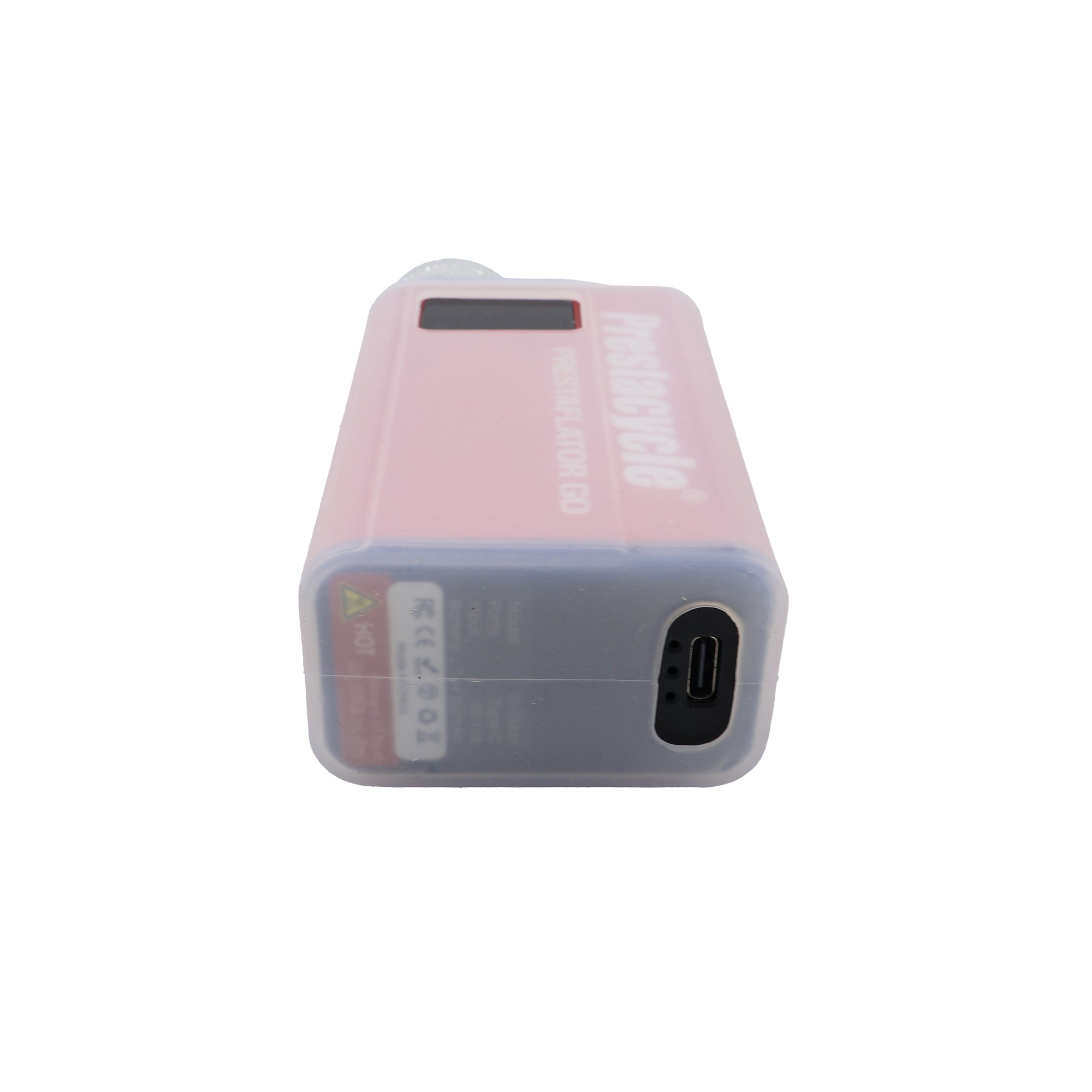A pink rectangular electronic device, labeled Prestacycle, features the Prestaflator GO Silicone Case—a custom-fit accessory—shown from a low angle against a white background with a port visible on one end.