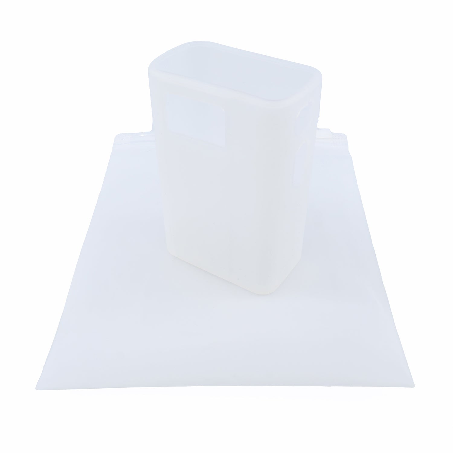 A white Prestaflator GO Silicone Case by Prestacycle, designed as a reusable rectangular accessory, stands upright on a similar silicone pouch—both custom-fit cases for protecting your kitchen or cycling essentials.