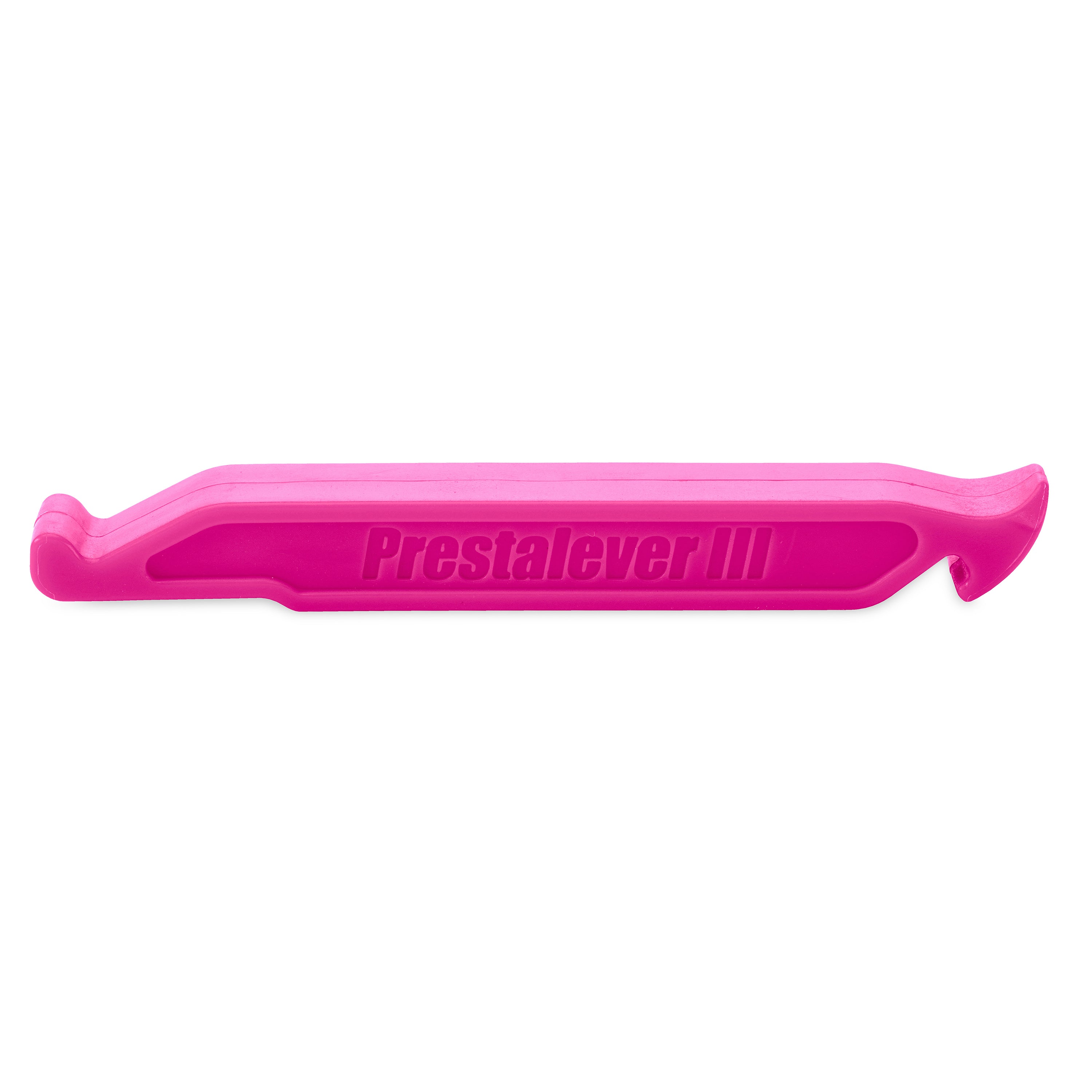 The Prestacycle Prestalever GO is a pink plastic multi-tool tire lever with a hook and flat edge for tire removal, plus serves as a presta valve core tool; its labeled as 5 tools-in-one.