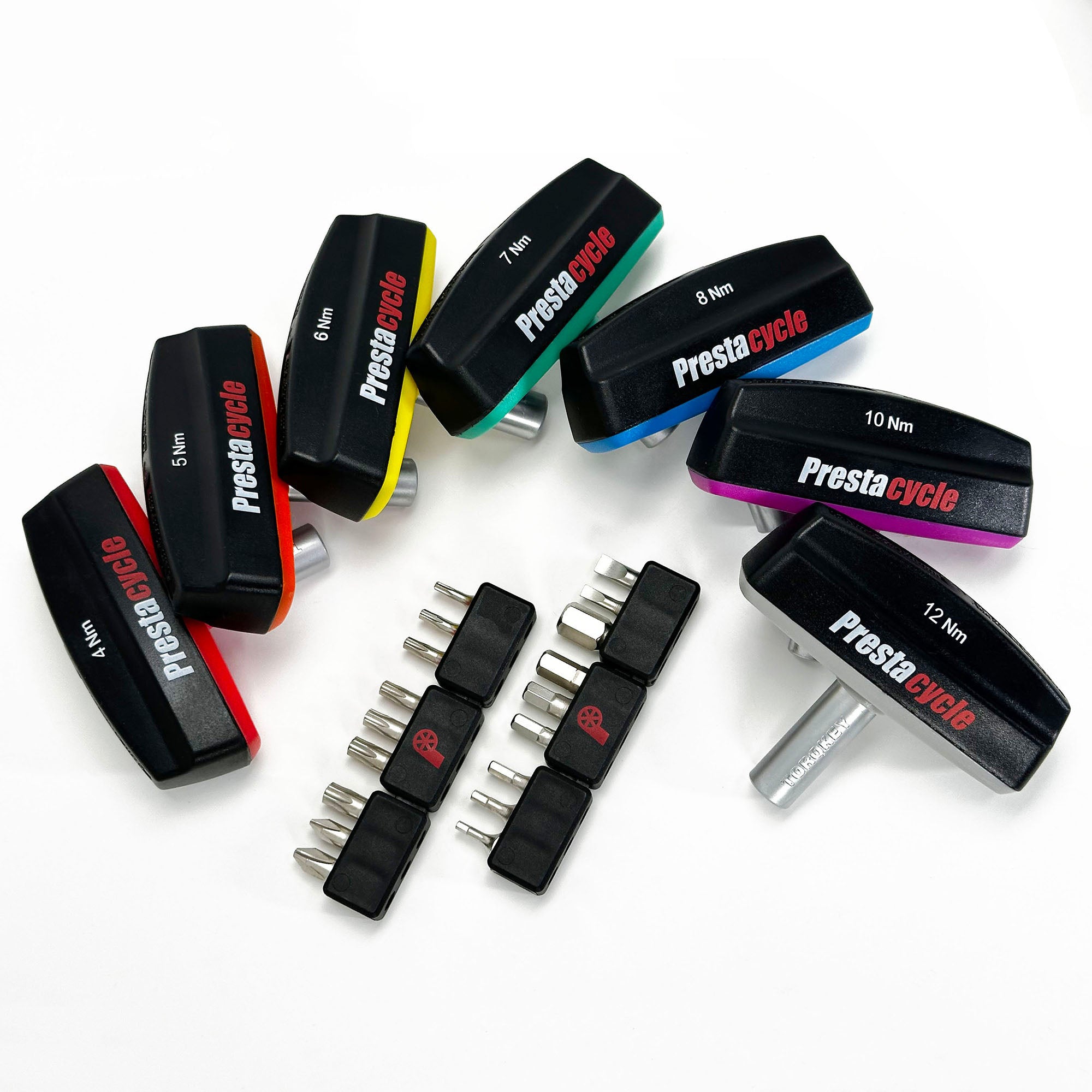 The Prestacycle Pro TorqKeys T-Handle Torque Tool set features ergonomic, color-coded handles labeled 4–12Nm and comes bundled with 18 interchangeable bits—all displayed on a white background.