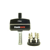 The Prestacycle Mini TorqKeys 2Nm Preset Torque Tool comes with a detachable head, 6 interchangeable bits, and a round holder—an ideal industrial-grade addition to your torque tool collection.