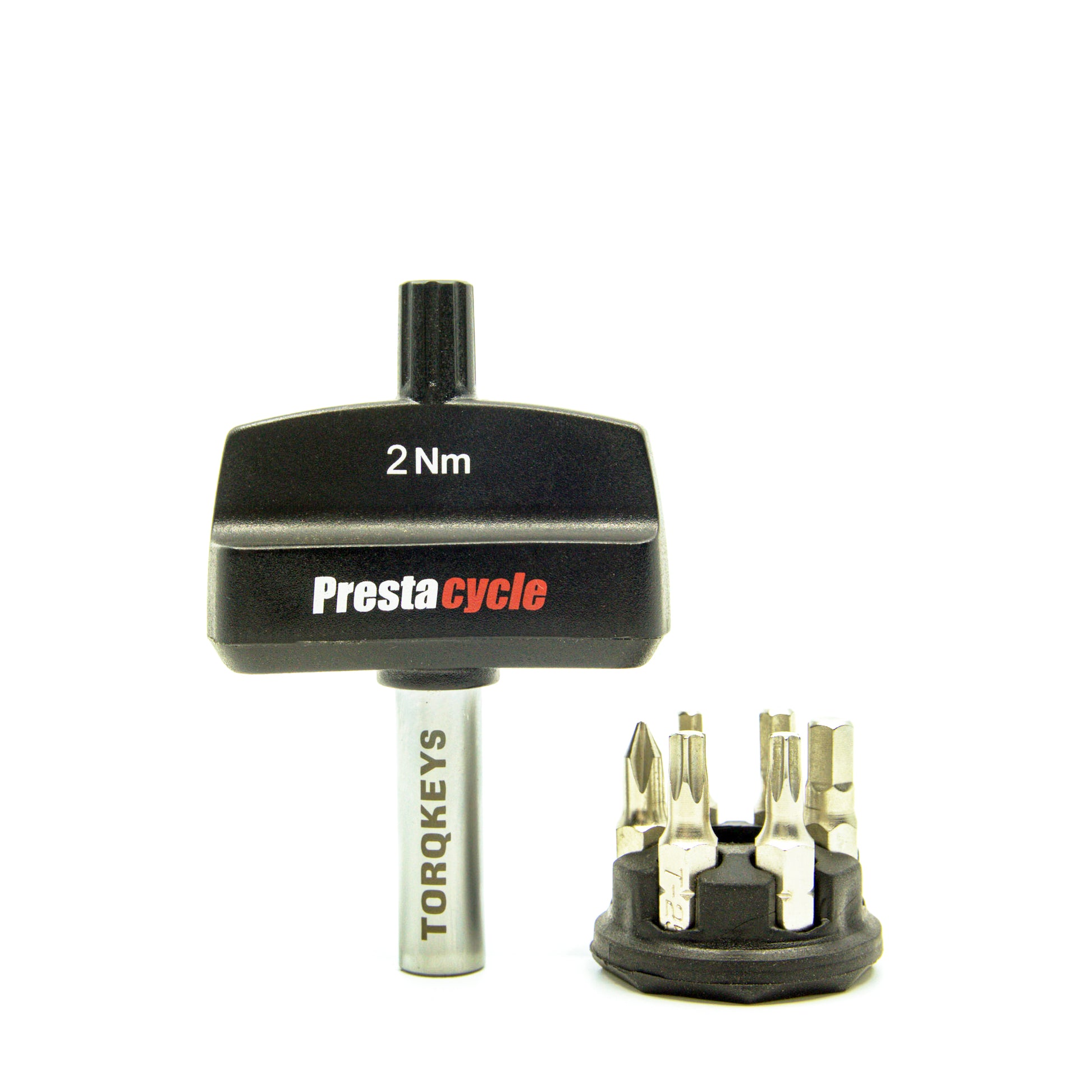 The Prestacycle Mini TorqKeys 2Nm Preset Torque Tool by Prestacycle features a black tool with a silver shaft, detachable head, and comes with a round holder containing 6 maintenance-free, nickel-plated S2 steel bits for precise work.