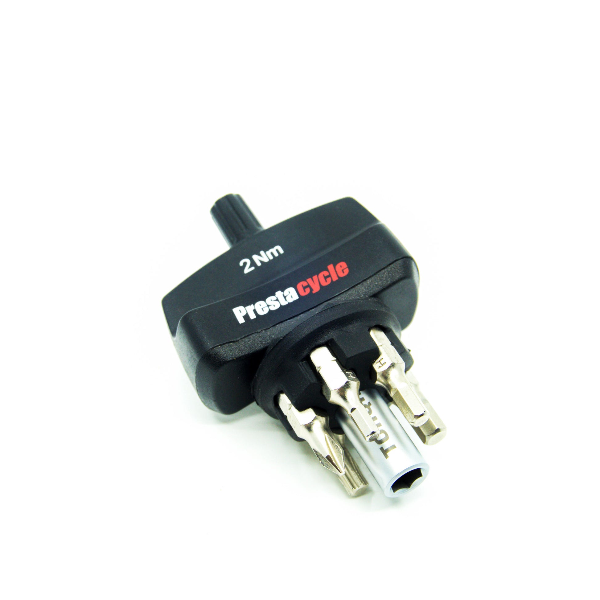 The Prestacycle Mini TorqKeys 2Nm Preset Torque Tool, by Prestacycle, features a black design with 6 interchangeable nickel-plated S2 steel bits and holder, ideal for bicycle maintenance.