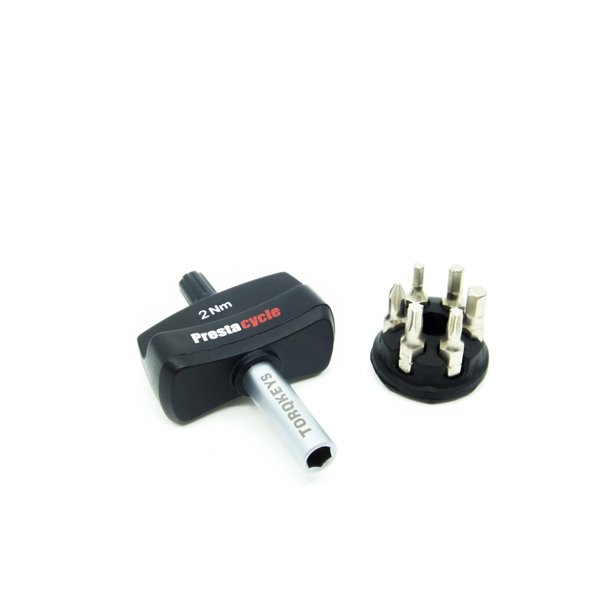 The Prestacycle Mini TorqKeys 2Nm Preset Torque Tool comes with six interchangeable bits and a holder—ideal for precise, maintenance-free adjustments.