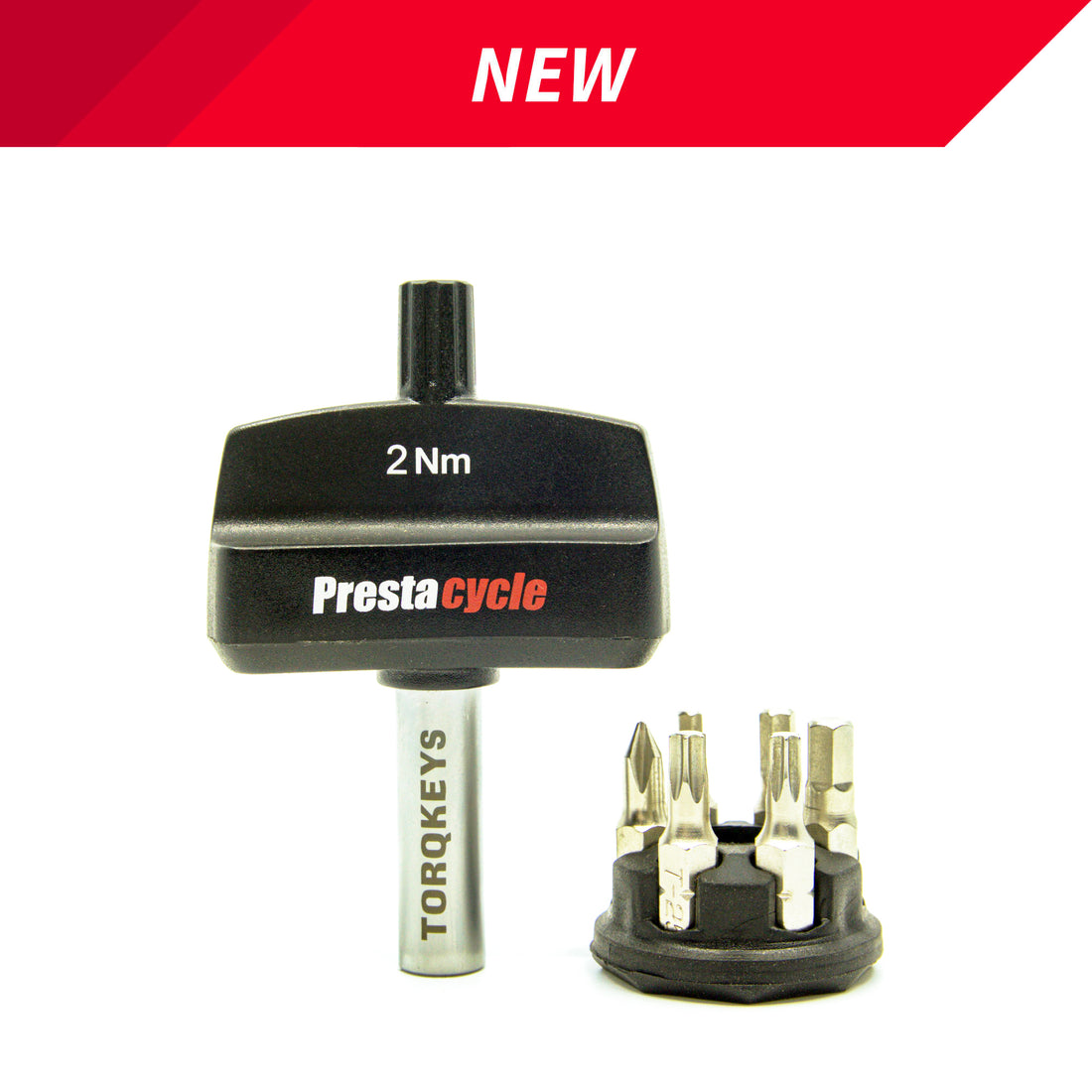 A Prestacycle Mini TorqKeys 2Nm preset torque tool with six interchangeable bits and holder is displayed on a white background, featuring an industrial-grade internal spring. A red &quot;NEW&quot; banner highlights its maintenance-free design.