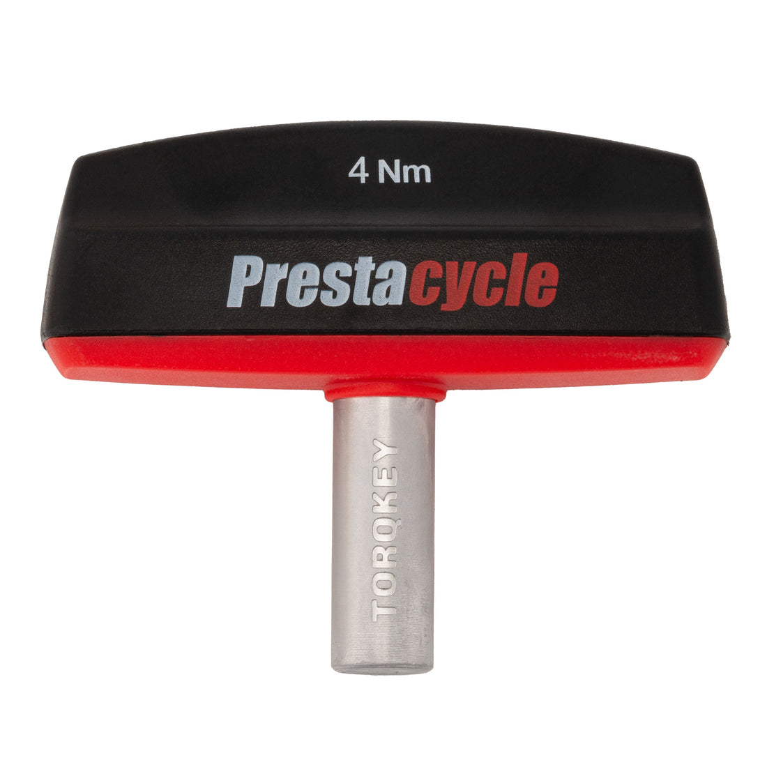 The Prestacycle Pro TorqKeys T-Handle Torque Tool set includes 4Nm to 12Nm settings and 18 bits, featuring an ergonomic black and red handle with the Prestacycle logo in white and red, plus a silver metal shaft.