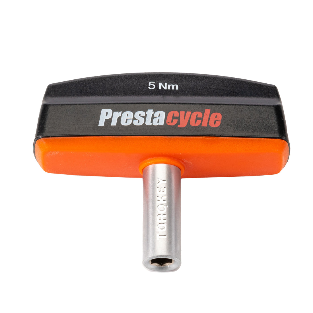 The Prestacycle Pro TorqKeys 5Nm T-Handle Torque-Limiting Bits Tool features an ergonomic black and orange handle and delivers maintenance-free, precise tightening for your bike.