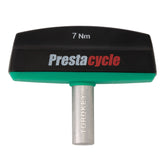 The Prestacycle Pro TorqKeys T-Handle Torque Tool shows 7 Nm on top, has a maintenance-free design, a black and green ergonomic handle, a metal shaft labeled TORQKEY, and comes with settings from 4Nm to 12Nm plus an 18 bits bundle.