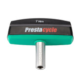 The Prestacycle Pro TorqKeys 7Nm T-Handle Torque-Limiting Bits Tool features a green and black ergonomic handle, is maintenance-free, and includes a metal Torx bit extending from the bottom.