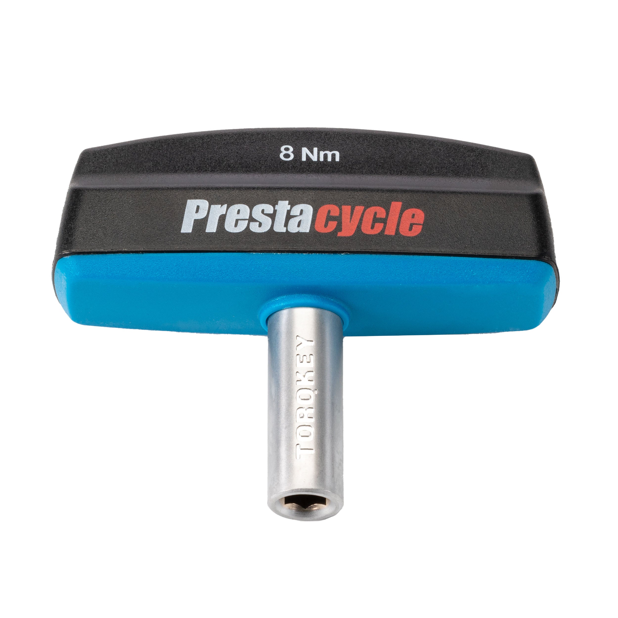 The Prestacycle Pro TorqKeys 8Nm T-Handle Torque-Limiting Bits Tool features a black ergonomic handle with blue trim and a metal torque head—an essential, maintenance-free addition to your torque tool collection.