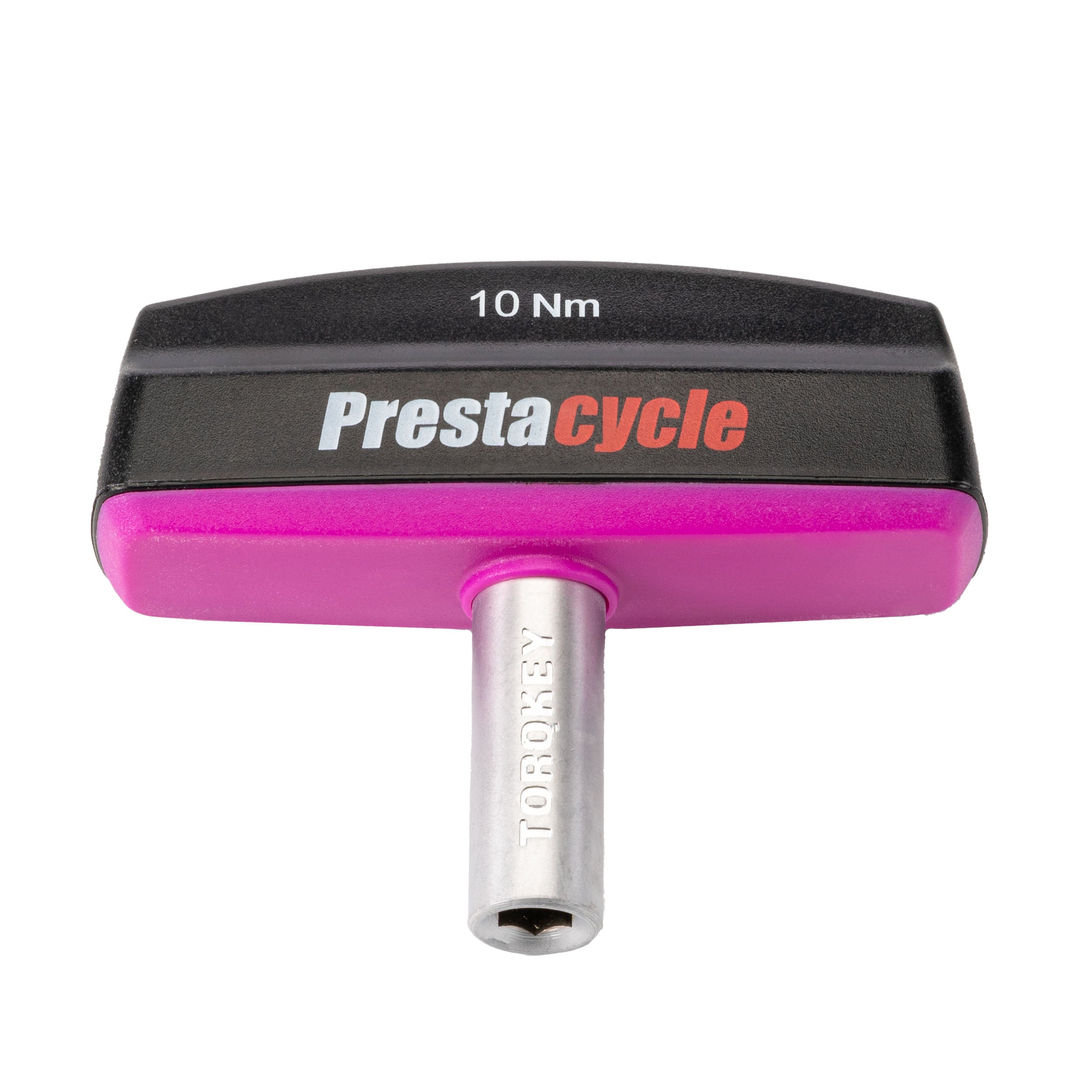 The Prestacycle Pro TorqKeys 10Nm T-Handle Torque-Limiting Bits Tool features a pink and black ergonomic handle and includes a downward-extending metal Torx key attachment.