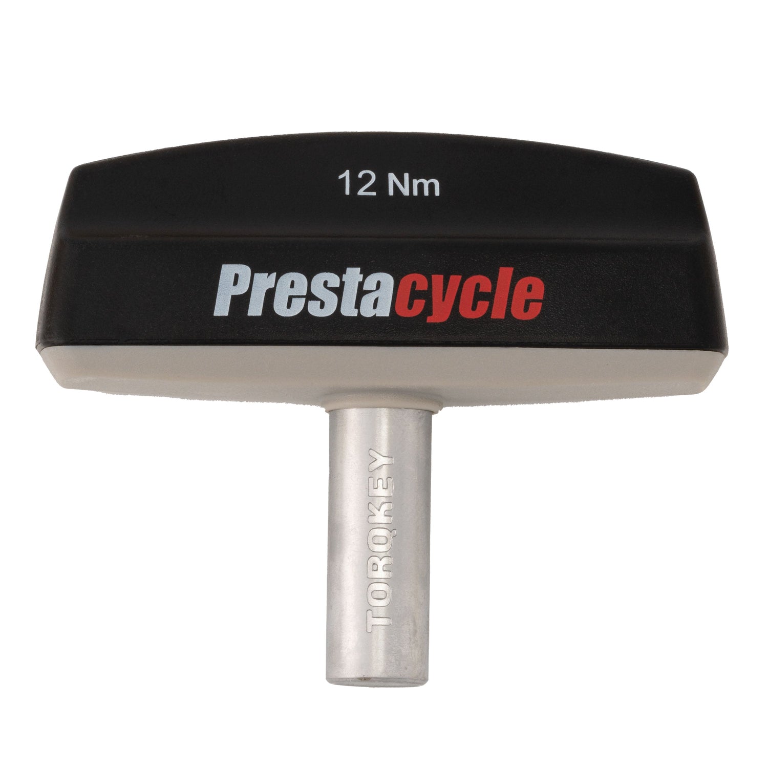 A black and silver Prestacycle Pro TorqKeys T-Handle Torque Tool with 12Nm on top, Prestacycle branding in black and red, an ergonomic handle for comfort, metal shaft engraved TORQKEY, includes 18 bits.