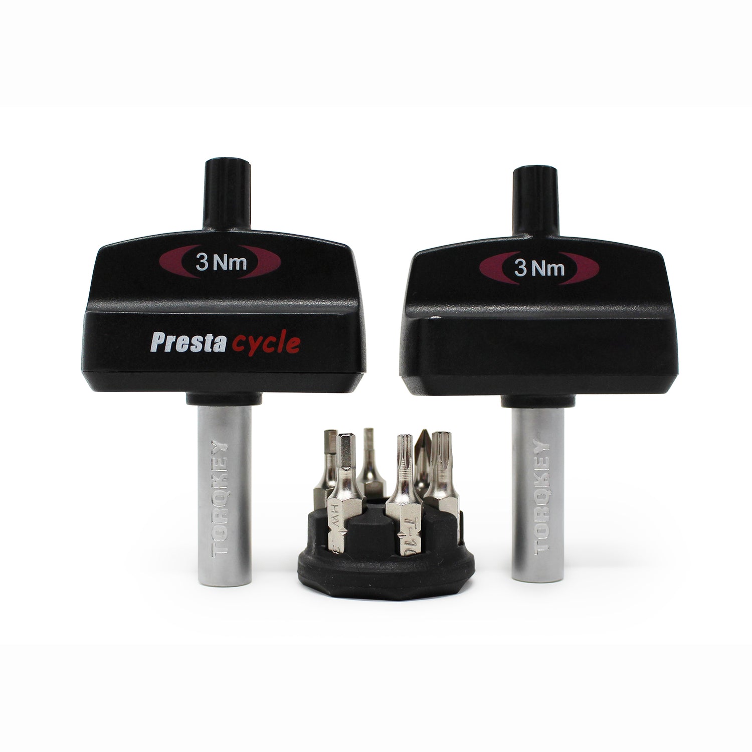 The Prestacycle Mini TorqKeys 3Nm Preset Torque Tool stands upright beside a compact holder displaying six nickel-plated S2 steel bits, all from Prestacycle.