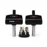 The Prestacycle Mini TorqKeys 3Nm Preset Torque Tool stands upright beside a compact holder displaying six nickel-plated S2 steel bits, all from Prestacycle.