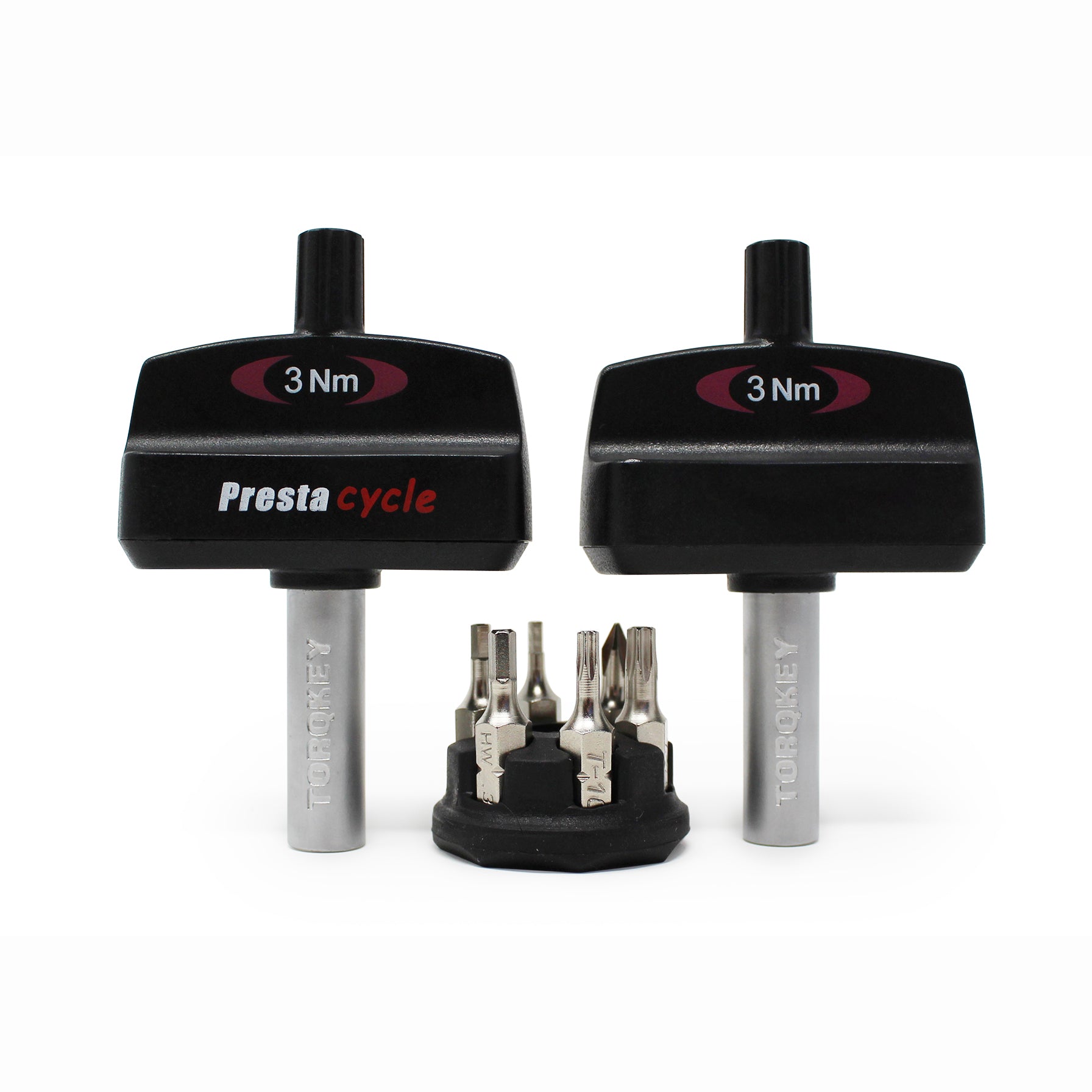 The Prestacycle Mini TorqKeys 3Nm Preset Torque Tool stands upright beside a compact holder displaying six nickel-plated S2 steel bits, all from Prestacycle.
