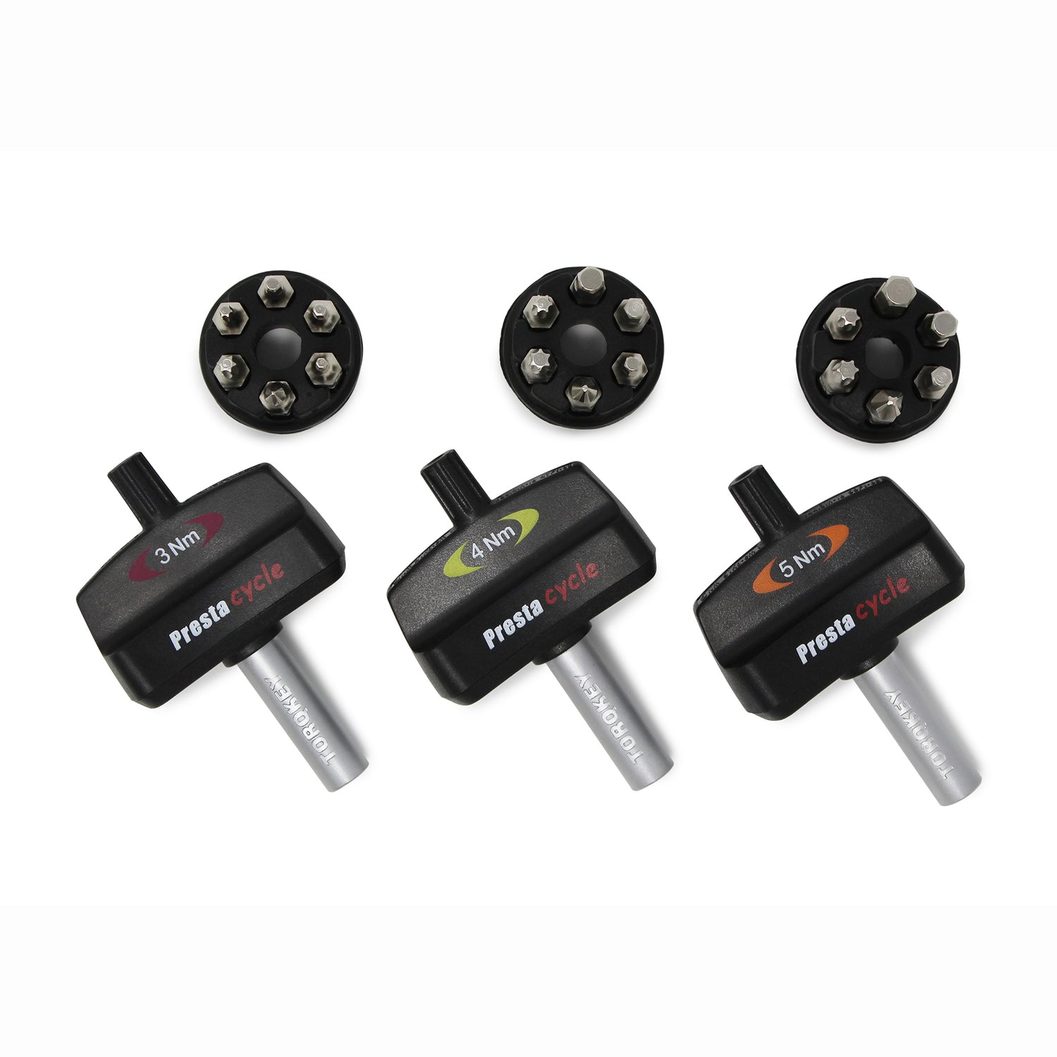 Three Prestacycle Mini TorqKeys—preset torque tools at 3Nm, 4Nm, and 5Nm—are shown with their labeled interchangeable bit sets and holders, all neatly arranged on a white background.
