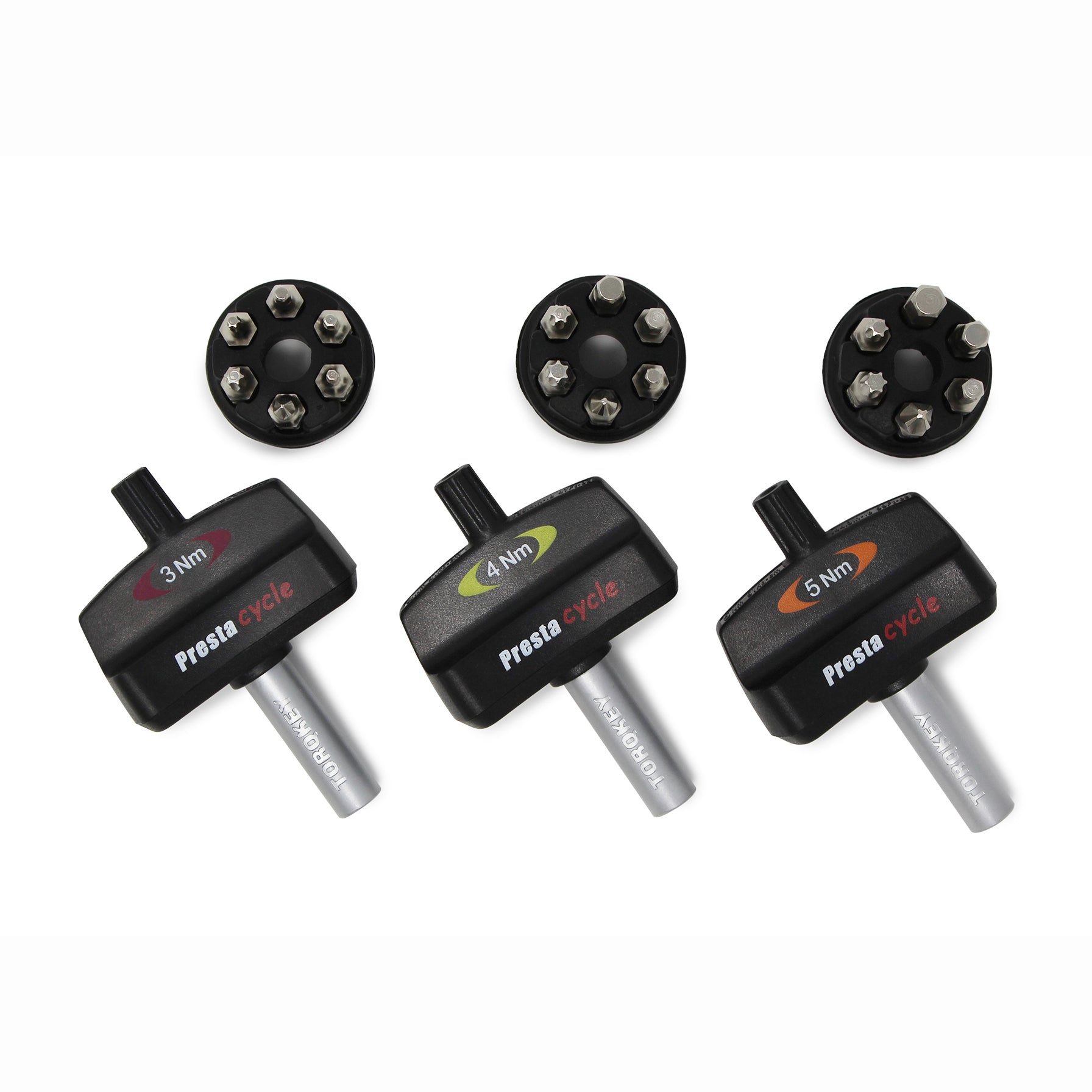 Three Prestacycle Mini TorqKeys—preset torque tools at 3Nm, 4Nm, and 5Nm—are shown with their labeled interchangeable bit sets and holders, all neatly arranged on a white background.