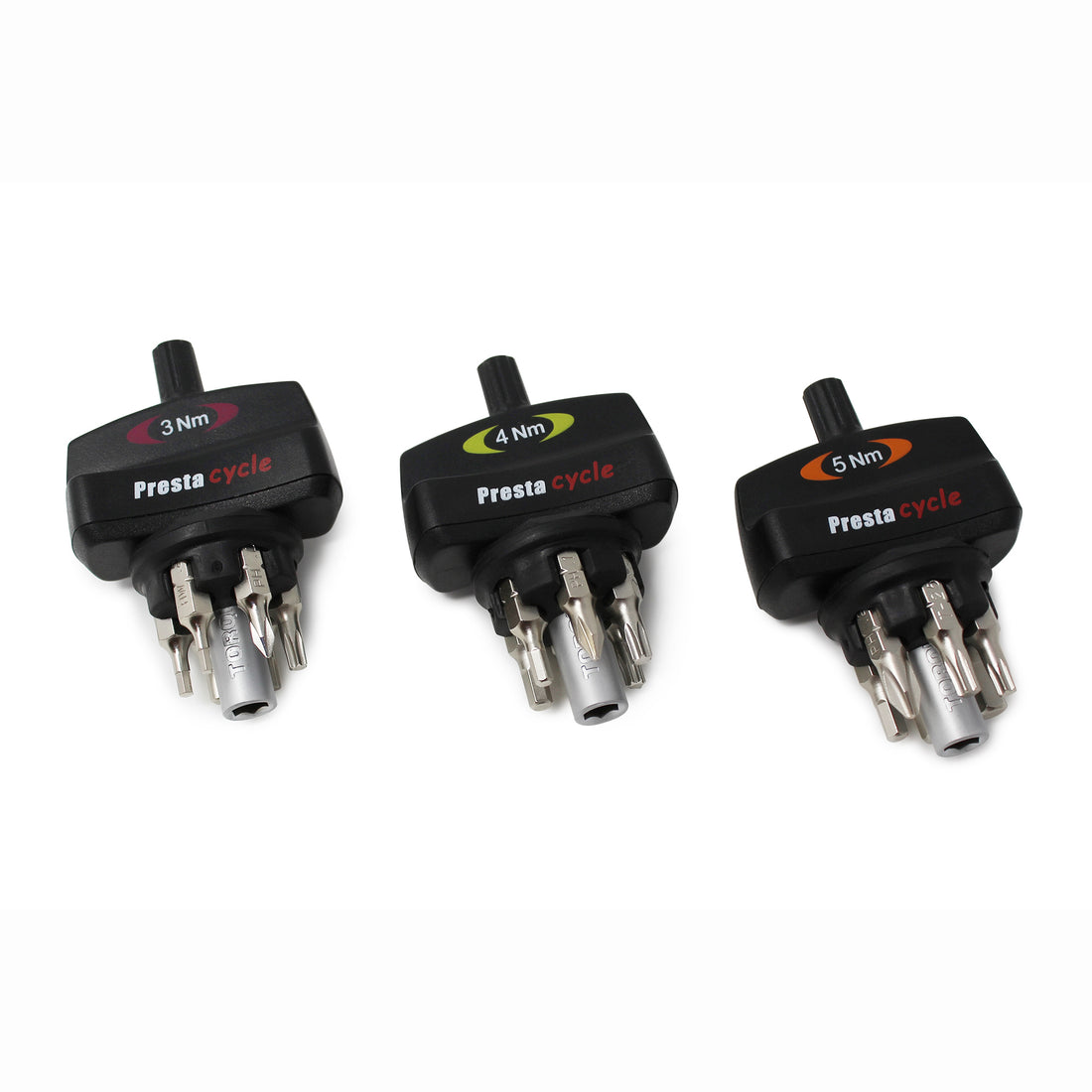 The Prestacycle Mini TorqKeys Bundle includes three preset torque tools (3Nm, 4Nm, and 5Nm) with black handles, each featuring six interchangeable metal bits and a holder.