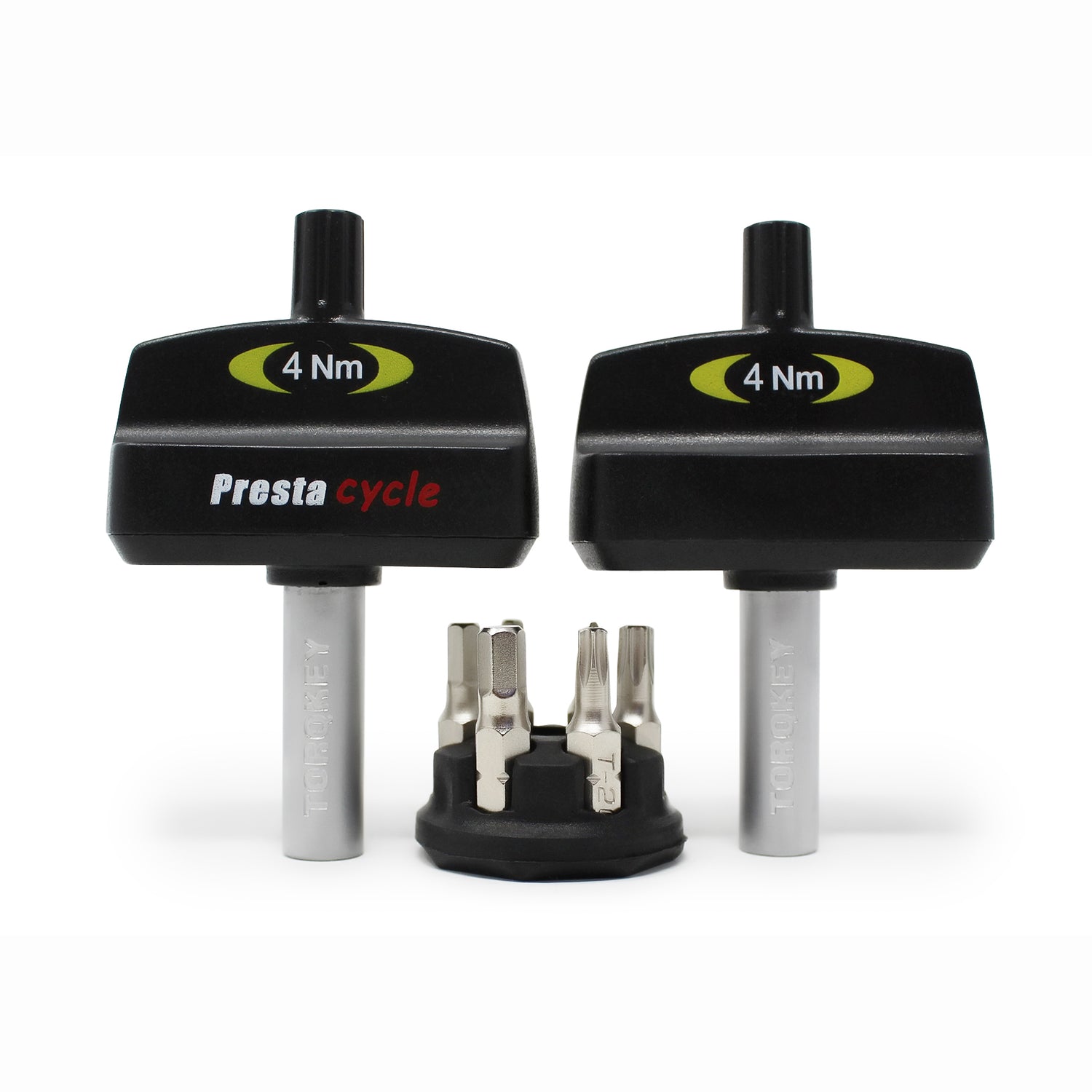 The Prestacycle Mini TorqKeys Preset Torque Tool 3Nm, 4Nm &amp; 5Nm Bundle includes black calibration-free wrenches and a holder with six silver bits, all from Prestacycle, arranged on a white background.