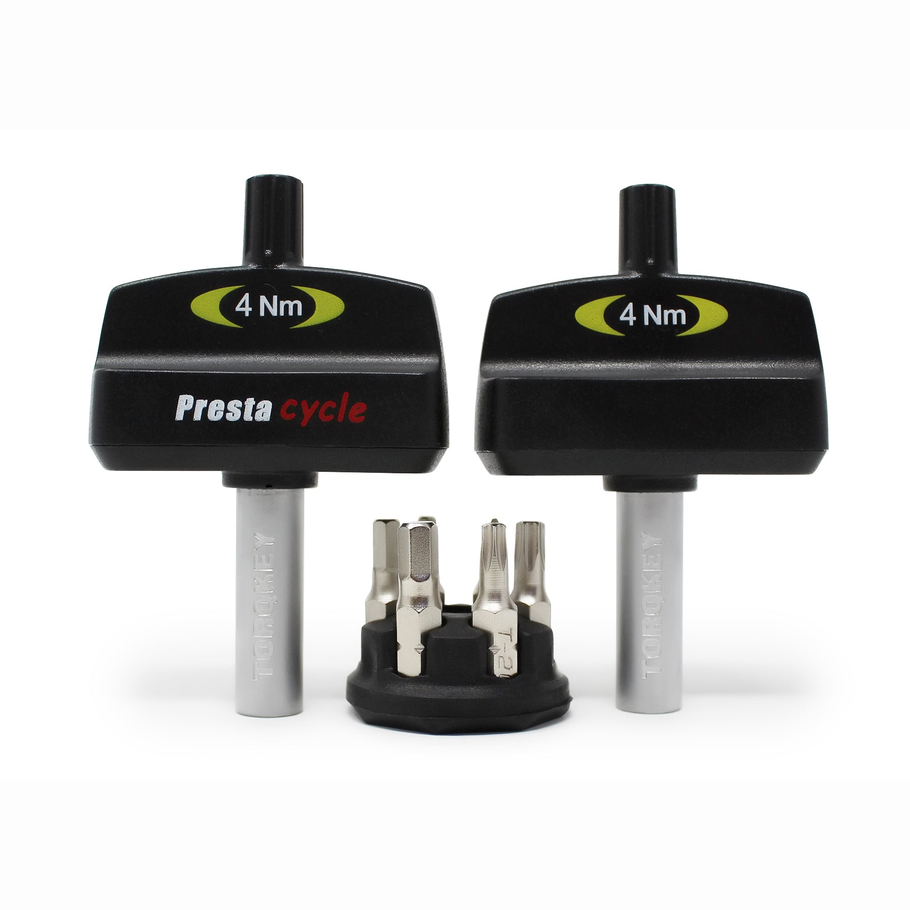 The Prestacycle Mini TorqKeys Preset Torque Tool 3Nm, 4Nm &amp; 5Nm Bundle includes black calibration-free wrenches and a holder with six silver bits, all from Prestacycle, arranged on a white background.