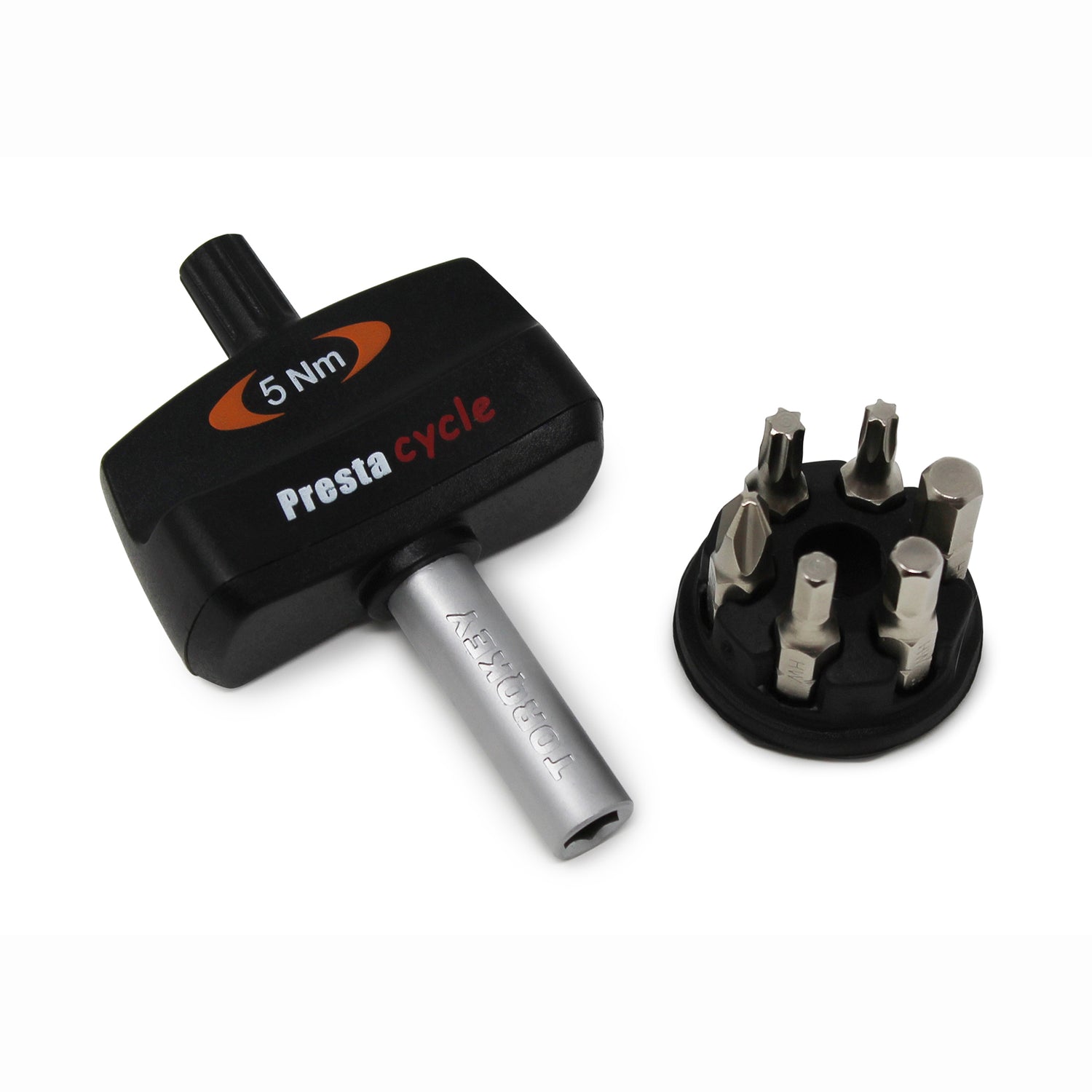 The Prestacycle Mini TorqKeys Bundle includes 3Nm, 4Nm, and 5Nm preset torque tools with a detachable handle and a holder for six interchangeable hex and Torx bits—precision torque in a compact set.