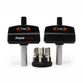Three black Prestacycle Mini TorqKeys preset torque tools (3Nm, 4Nm, and 5Nm) stand upright with a round holder containing six interchangeable bits in front of them.