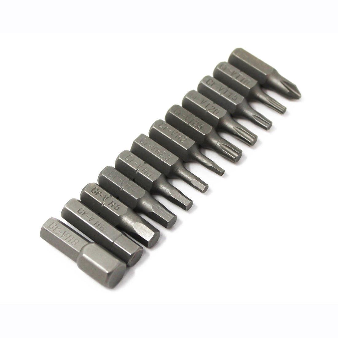 The Prestacycle CR/V Bicycle Twelve (12) Bit Set by Prestacycle features high-quality, durable hex and star bits made from precision CRV steel, each labeled with size and type, ideal for versatile bike maintenance.