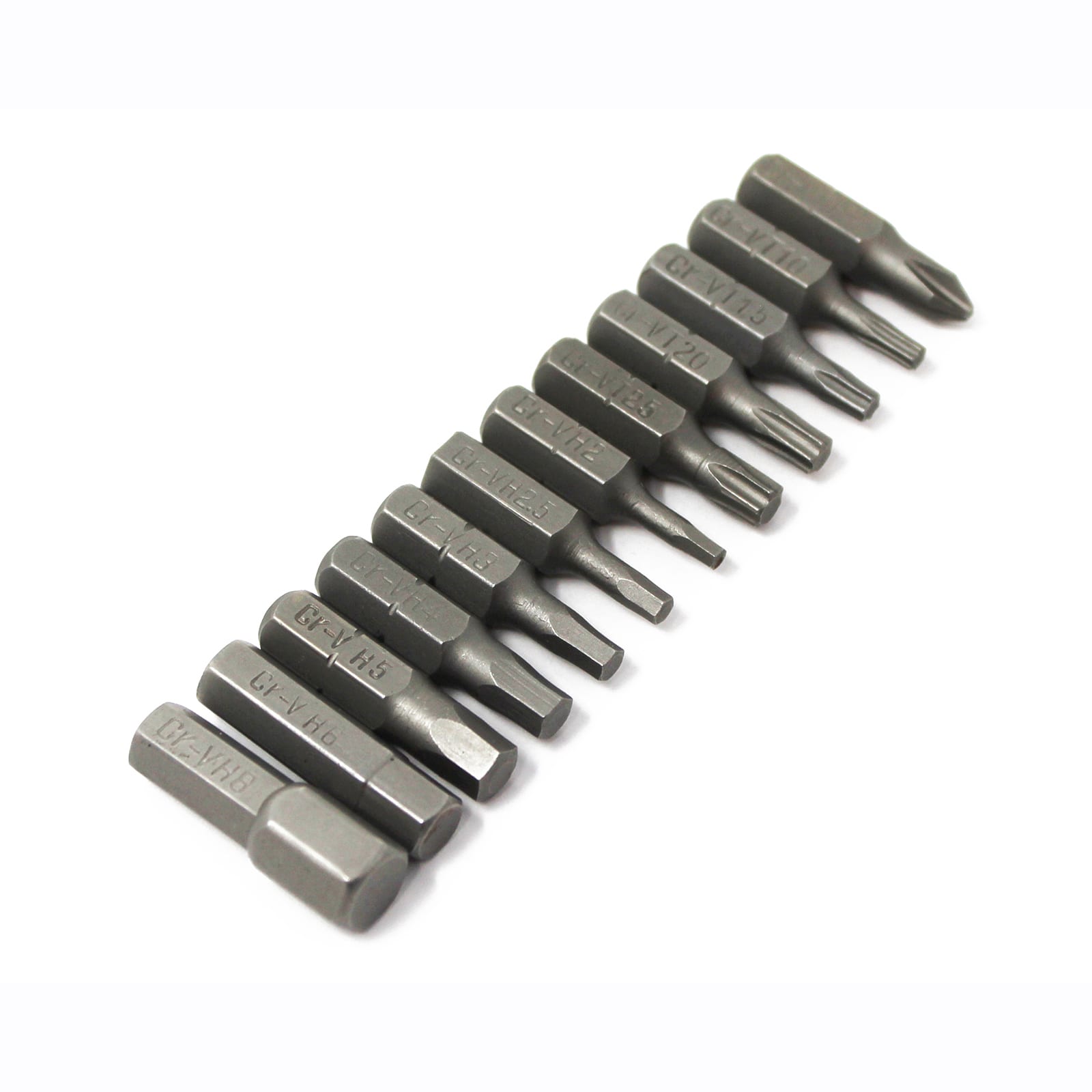 The Prestacycle CR/V Bicycle Twelve (12) Bit Set by Prestacycle features high-quality, durable hex and star bits made from precision CRV steel, each labeled with size and type, ideal for versatile bike maintenance.