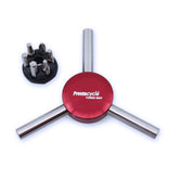 The Prestacycle Three Way Y Bits Tool by Prestacycle is a heavy-duty red tool with three metal arms and a round black holder featuring multiple replaceable bits.