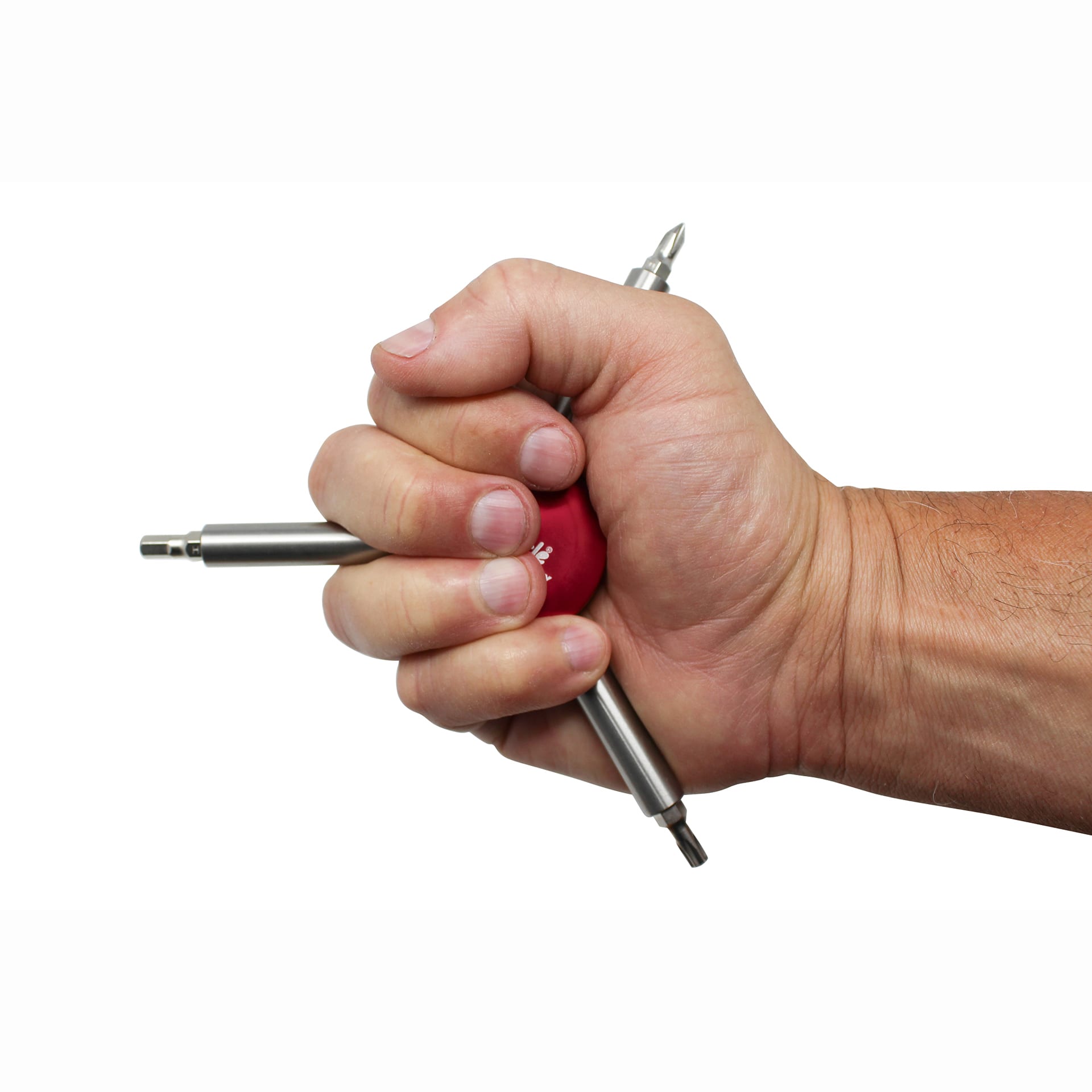 A hand grips the Prestacycle Three Way Y Bits Tool, a red heavy-duty screwdriver by Prestacycle with three exposed metal bits, showcasing its versatile 3-in-1 design against a white background.