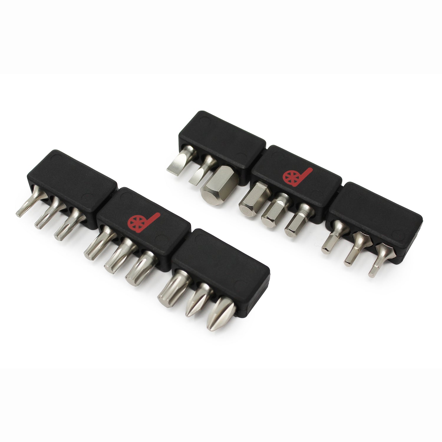 The Prestacycle Professional 18 piece 1/4 S2 Hex Bits Set includes two black plastic holders, each with the Prestacycle logo and arranged with durable S2 steel bits of various shapes and sizes.