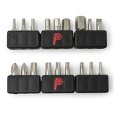 The Prestacycle Professional 18 piece 1/4 S2 Hex Bits Set features assorted S2 steel bits—flathead, Phillips, hex, and Torx—in black holders with a red logo, perfect for bicycle tool kits and general repairs.