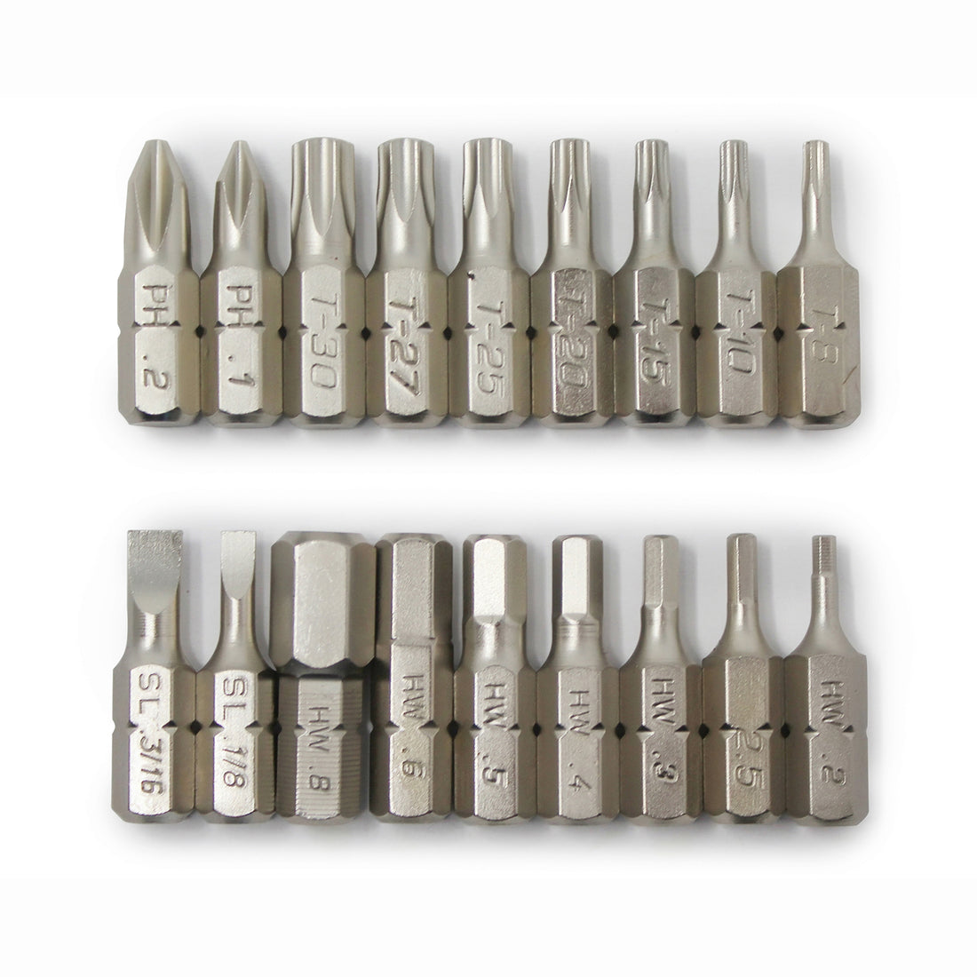 The Prestacycle Professional 18 piece 1/4 S2 Hex Bits Set features two rows of hardened S2 steel bits with engraved size markings, neatly arranged and including various screwdriver heads.