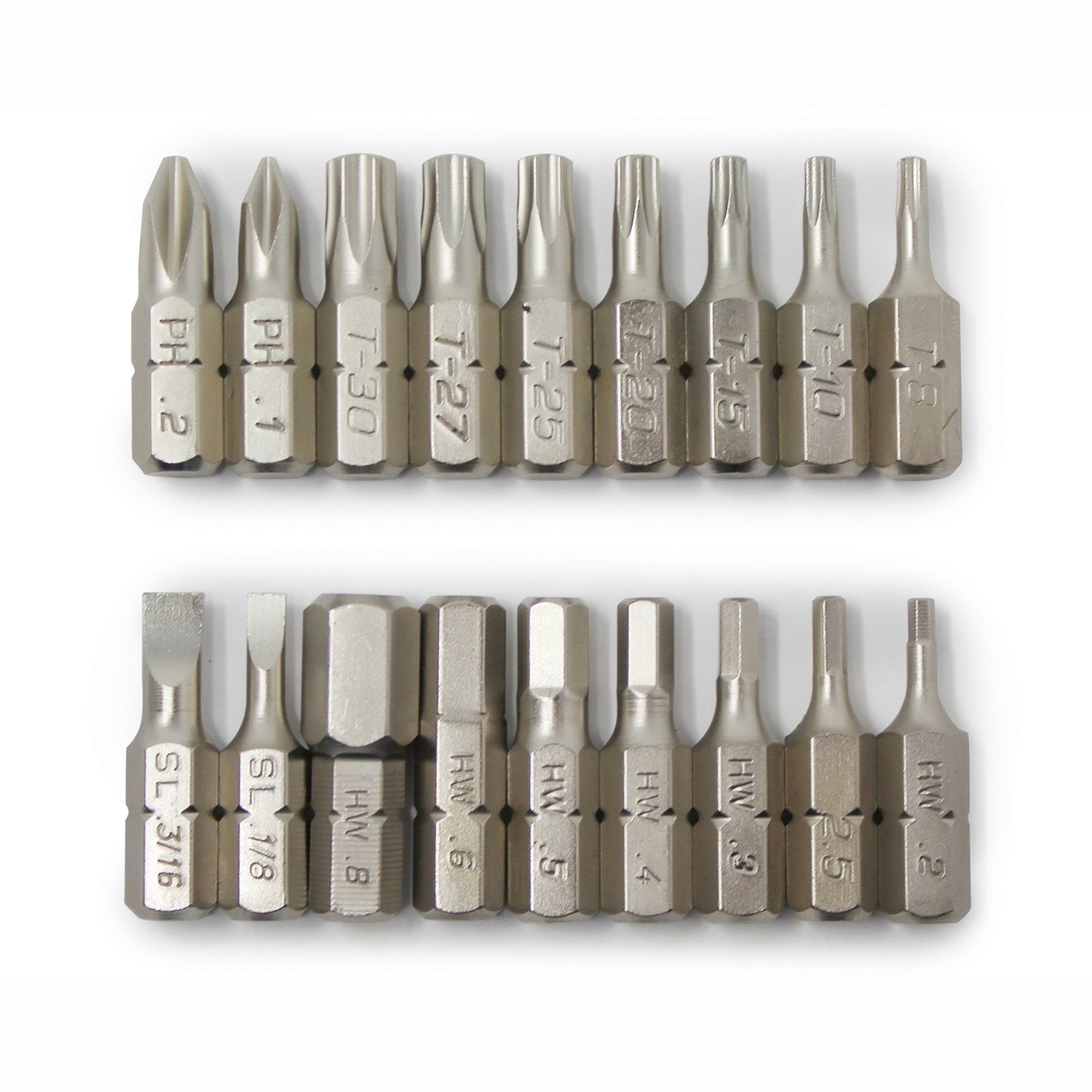 The Prestacycle Professional 18 piece 1/4 S2 Hex Bits Set features two rows of hardened S2 steel bits with engraved size markings, neatly arranged and including various screwdriver heads.