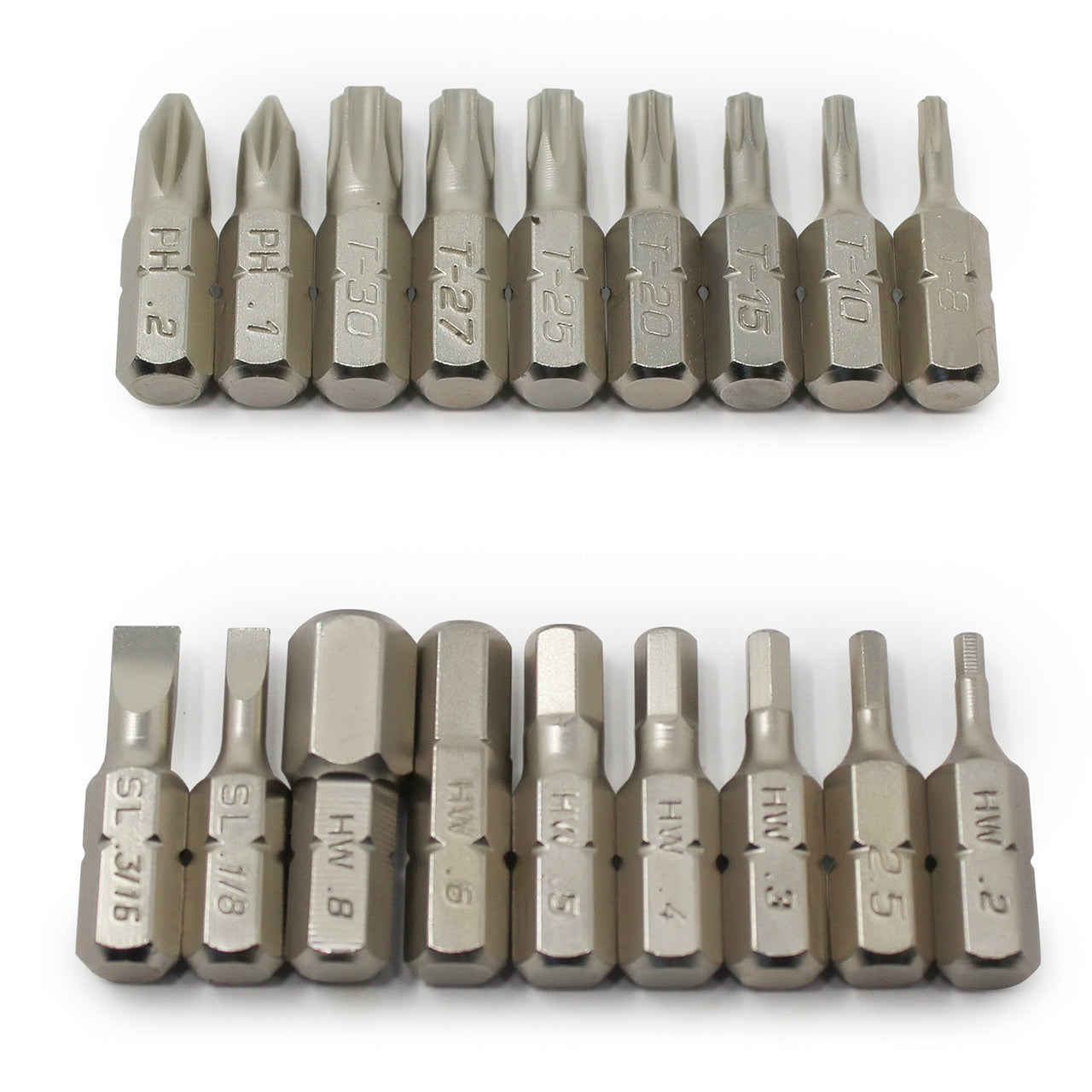 The Prestacycle Professional 18 piece 1/4 S2 Hex Bits Set by Prestacycle includes Phillips, Torx, slotted, and hex bits. Each hardened S2 steel bit is size-engraved and neatly arranged for professional use.