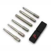 The Prestacycle Professional 6 piece 50mm 1/4 S2 Hex Bits Set includes six metallic bits in two rows next to a black case with a red key symbol—ideal for your bicycle tool kit.