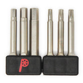 The Prestacycle Professional 6 piece 50mm 1/4 S2 Hex Bits Set includes metal bits in hex, square, and Torx shapes, standing in black holders with a red gear “P” logo. Crafted from hardened S2 steel—ideal bicycle tool bits.