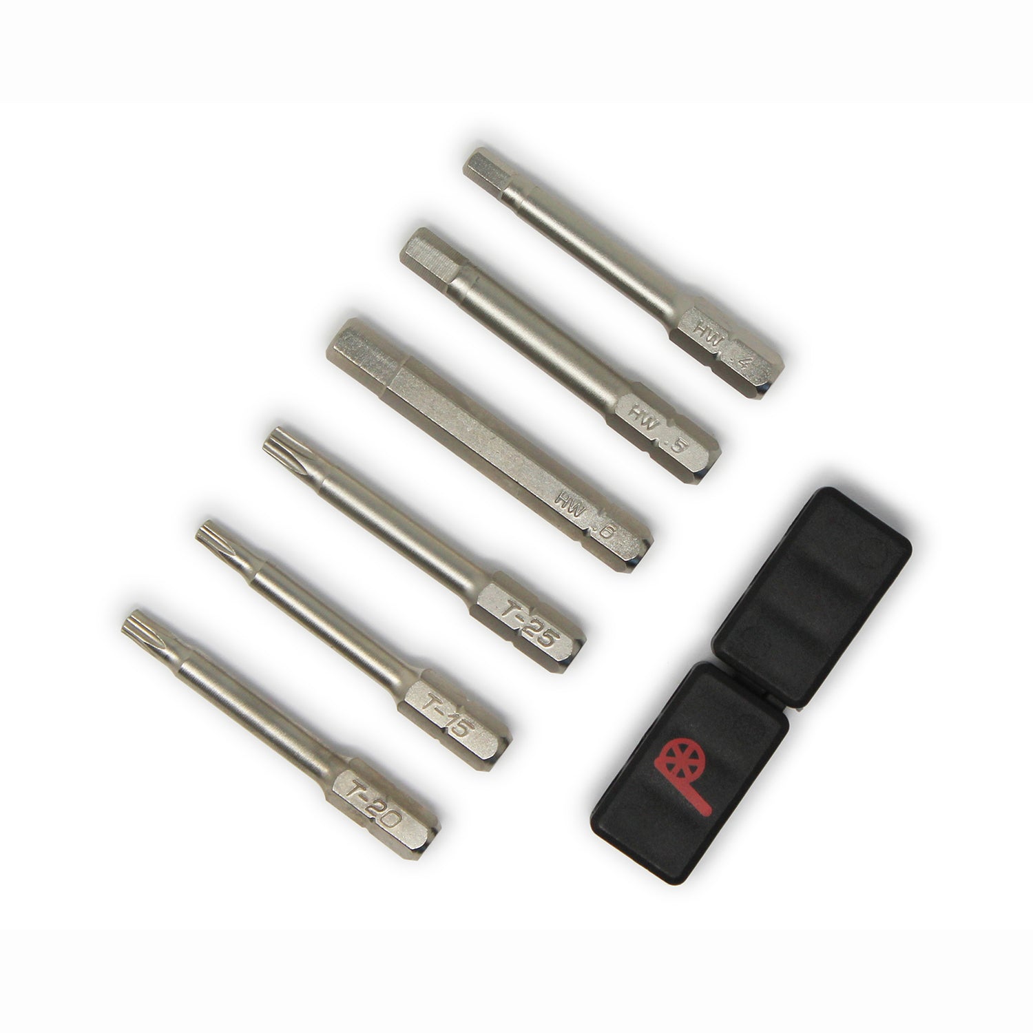 The Prestacycle Professional 6 piece 50mm 1/4 S2 Hex Bits Set by Prestacycle features five silver bits marked T20, T25, and T30, shown with a black storage case bearing a red logo, all displayed on a white background.