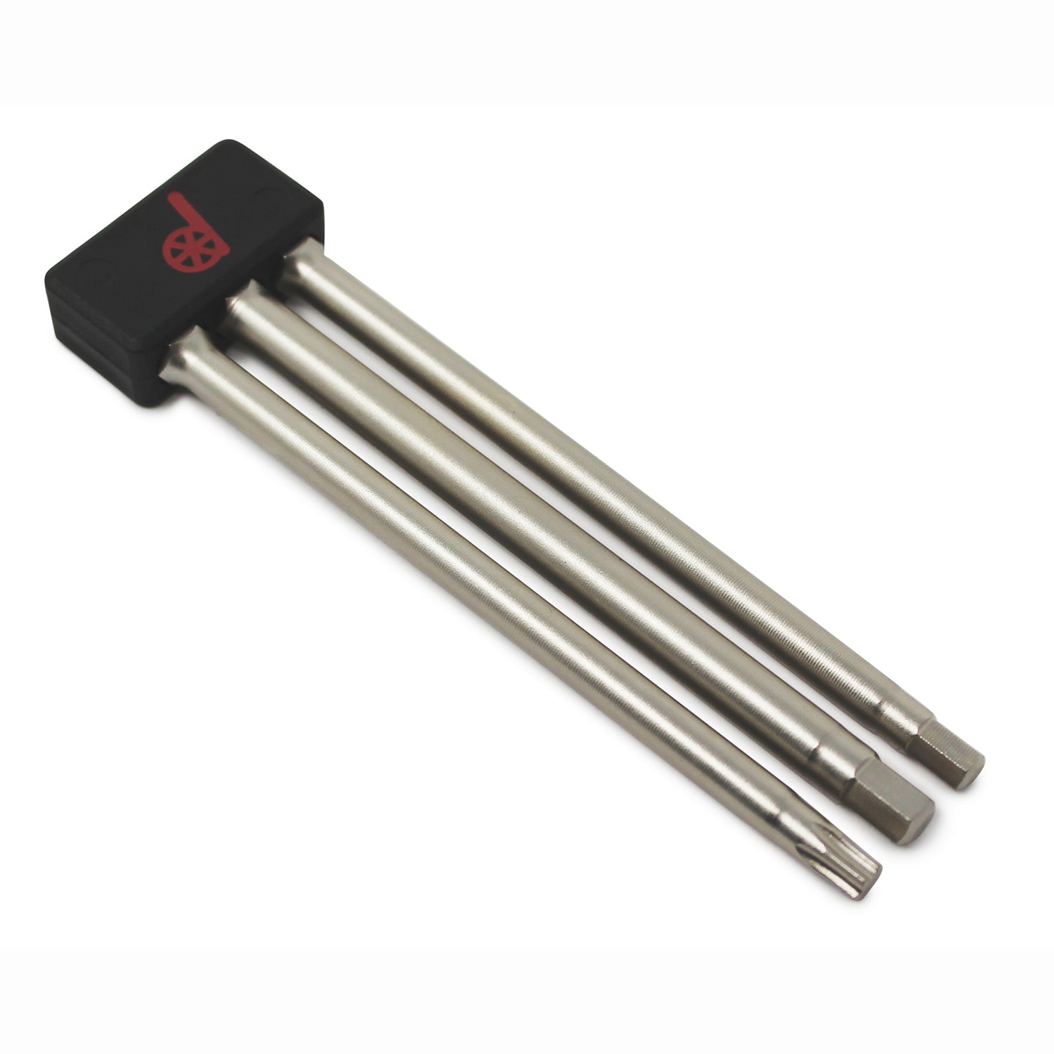 The Prestacycle Professional 3 piece 100mm 1/4 S2 Hex Bits Set features three S2 steel hex bits with various tips, held together with a black plastic handle featuring a red circular Prestacycle logo.