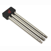 The Prestacycle Professional 3 piece 100mm 1/4 S2 Hex Bits Set features three S2 steel hex bits with various tips, held together with a black plastic handle featuring a red circular Prestacycle logo.