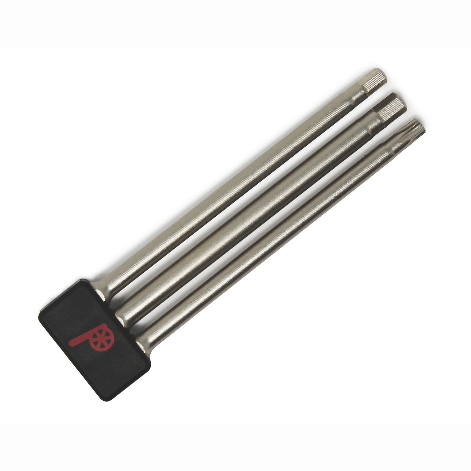 The Prestacycle Professional 3 piece 100mm 1/4 S2 Hex Bits Set by Prestacycle includes three durable S2 steel hex bits with a shared black holder; one features a red Arsenal football club logo.