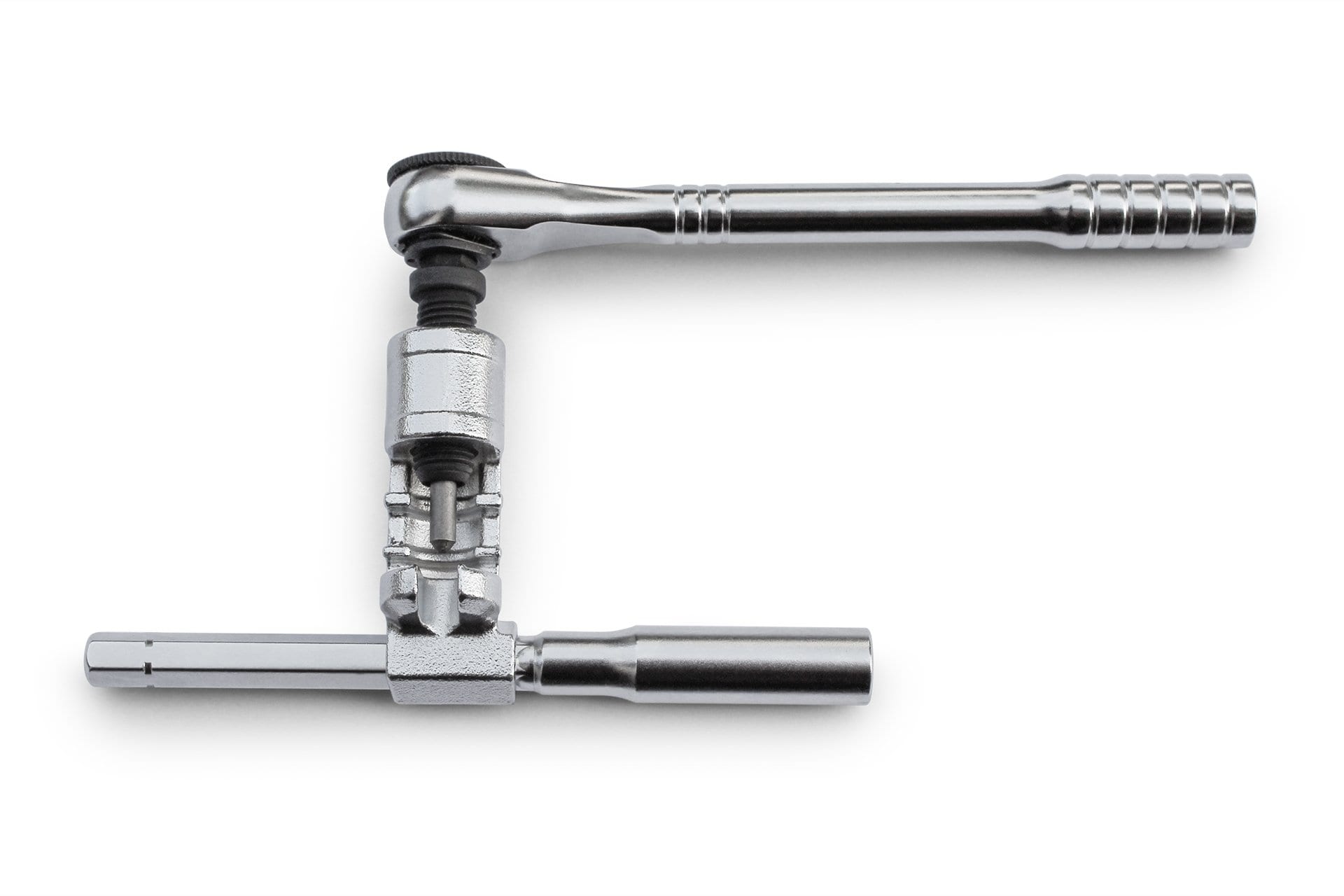 A close-up of the Prestacycle PrestaRatchet Chain Accessory, showing its metal socket wrenches in an L shape with a ratchet handle, sockets, and extensions attached—perfect for use with your PrestaRatchet—on a white background.